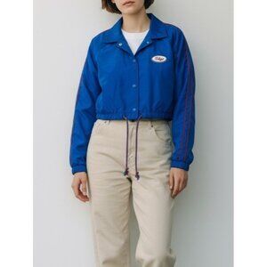 F21 Womens Cropped Windbreaker Jacket Blue With Red Racer Stripes Size Large New